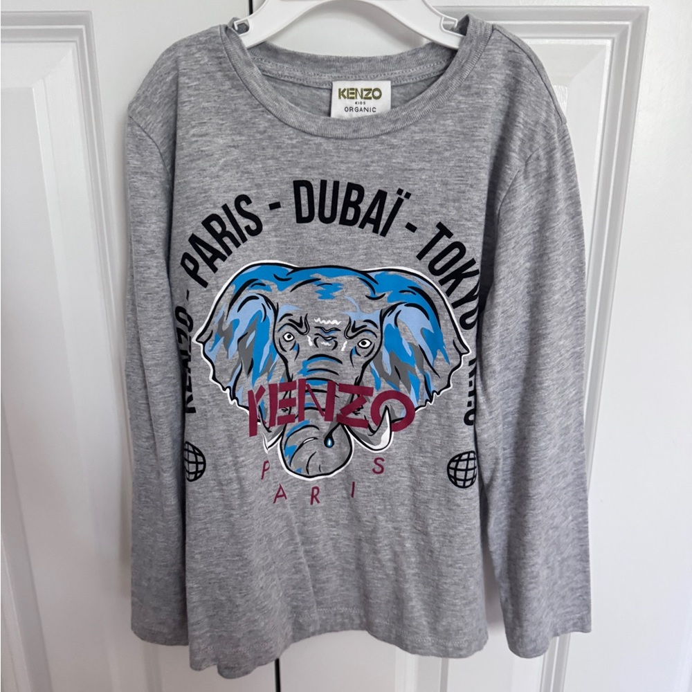 Kenzo Kids Gray and Blue Elephant Long Sleeve Tee